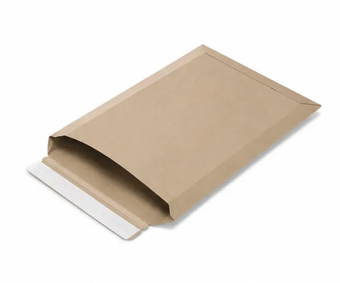 bruine vlakkartonnen envelop met kleefstrip opening korte zijde