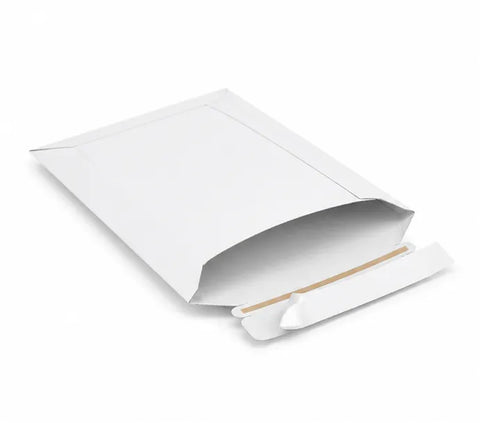 witte vlakkartonnen envelop met kleefstrip opening korte zijde